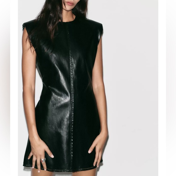 Zara NWT faux leather shoulder padded mink dress - Picture 4 of 13